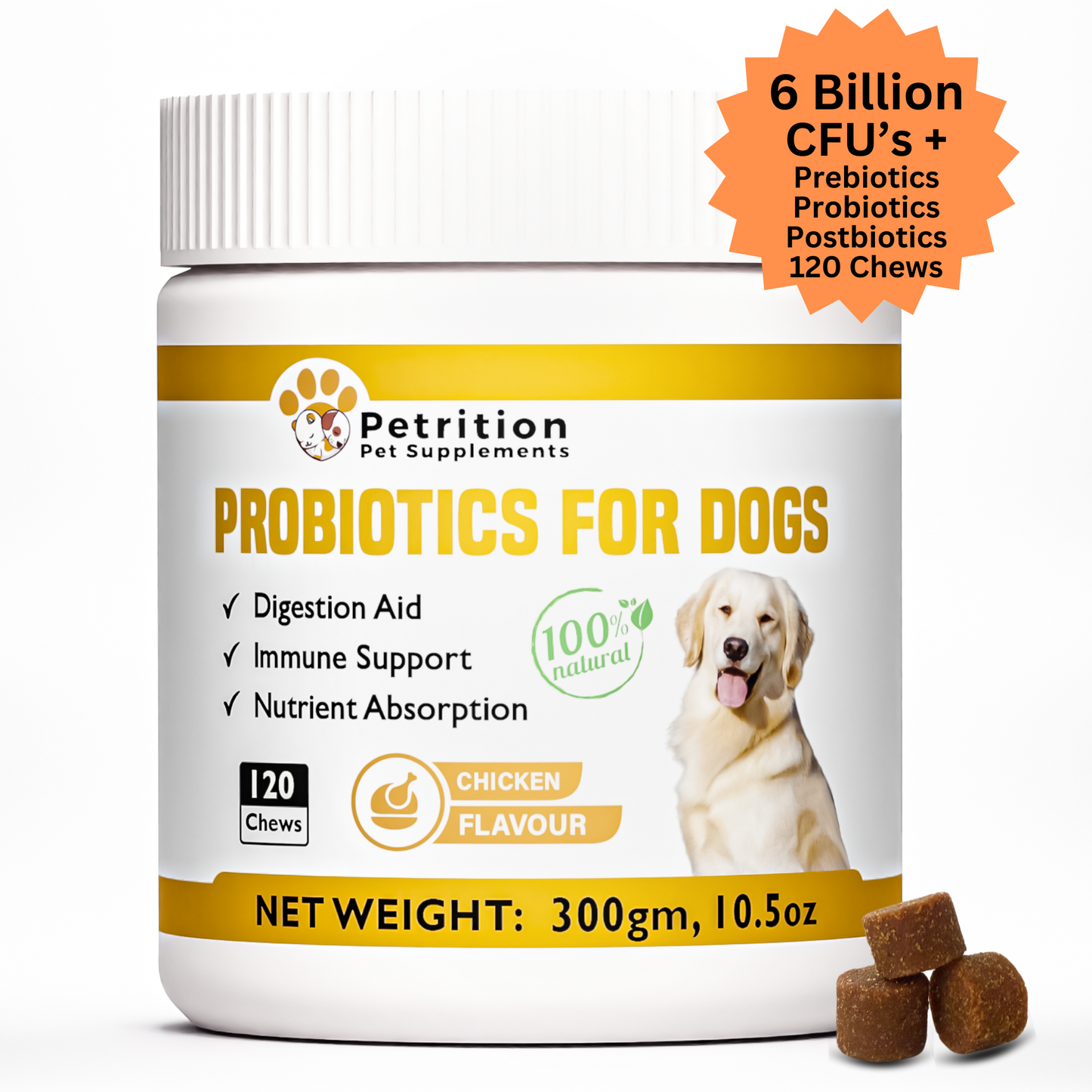 Petrition Probiotic Chews for Dogs - 120 Chews Chicken Flavour, Immune Support