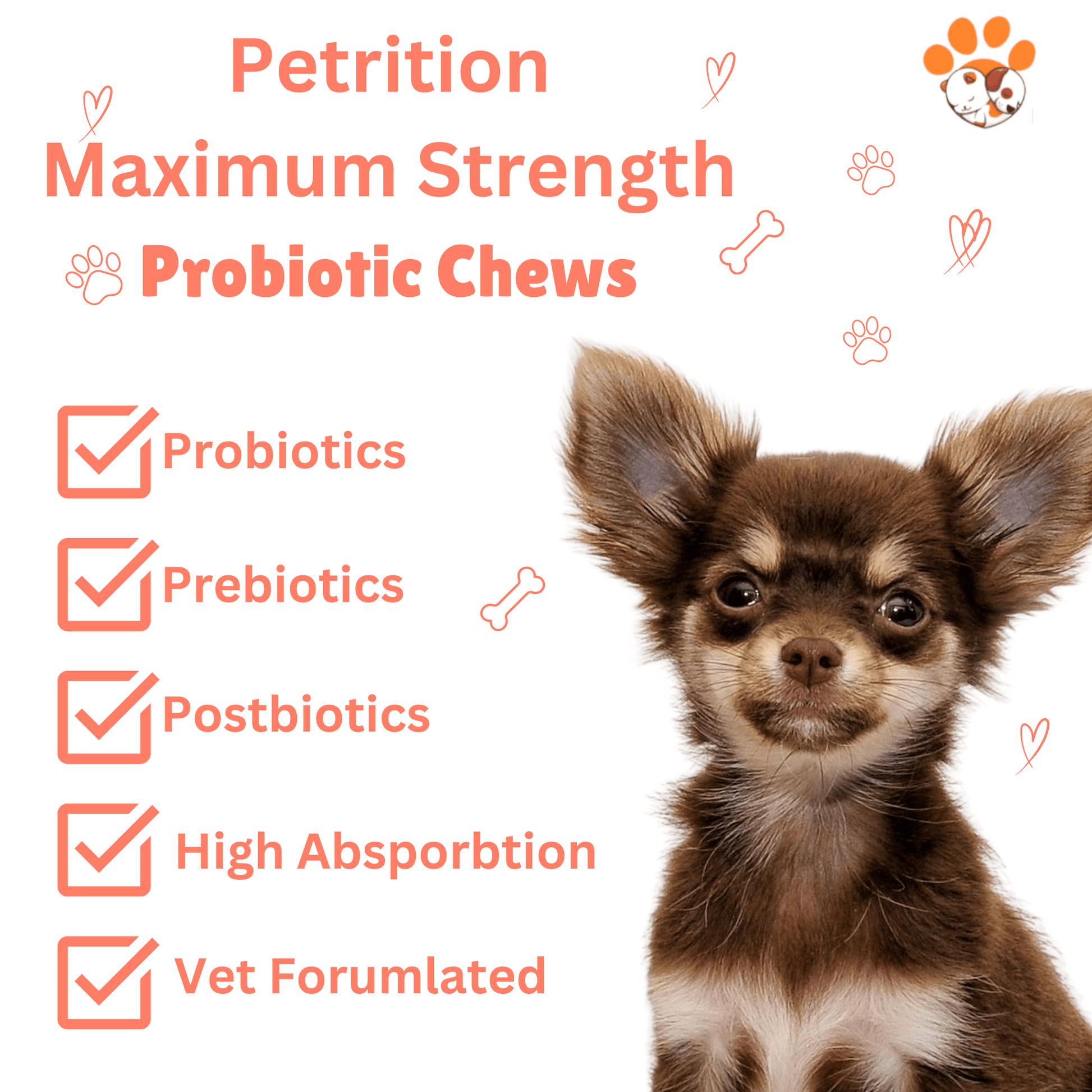 Petrition Probiotic Chews for Dogs - 120 Chews Chicken Flavour, Immune Support - Petrition Pet Supplements