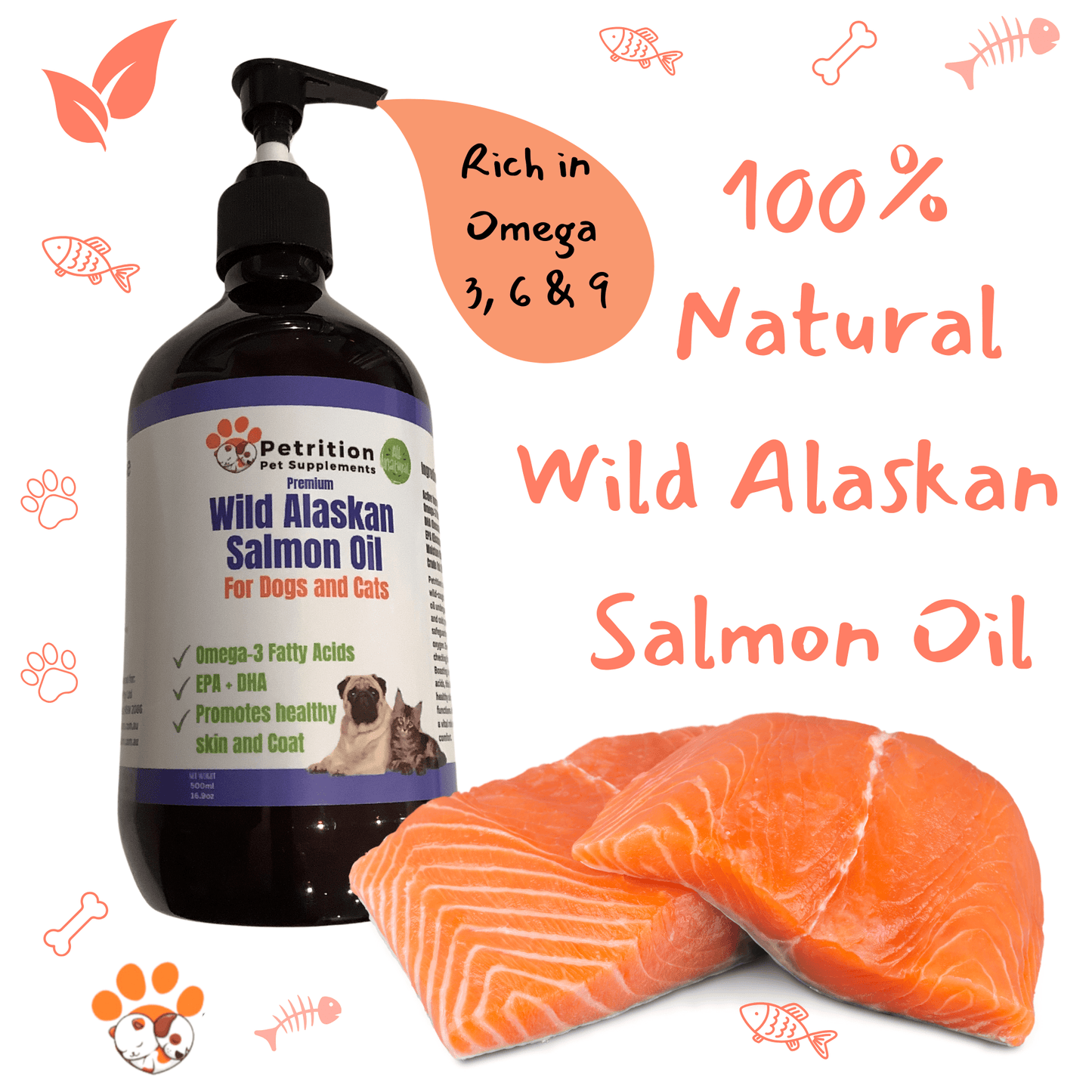 500ml Alaskan Salmon Oil for Dogs & Cats - Joint, Skin, Immune & Heart Health - Petrition Pet Supplements